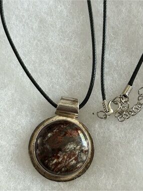 Sterling-Style Brown Agate Round Pendant Necklace – Black Cord
